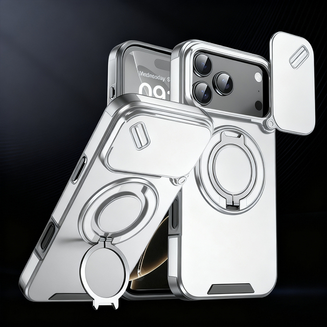 Custom Shockproof Heavy-Duty Armored Magnetic Phone Case Sliding Camera Cover 360 Rotating Ring Stand Ins for 16 15 Pro Max