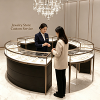 Ensemble de vitrine à bijoux incurvée, cadre en métal or champagne, dessus en verre trempé, base de rangement noire, éclairage LED, îlot à bijoux complet