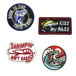 Patch brodé thermocollant écologique décoratif pour vêtements et sacs à main, motifs pêche, crevettes, requin - Product Image 1