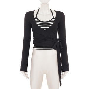 Ensemble deux pièces décontracté et polyvalent : caraco court rayé à col licou style Pure Desire et cardigan à manches longues à lacets croisés - Product Image 6
