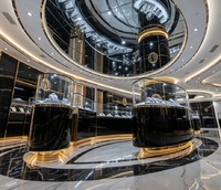 Vitrine de présentation de bijoux de luxe noire et dorée, vitrine en verre haut de gamme pour la vente de bijoux haut de gamme