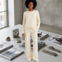 Ensemble de survêtement de luxe 2 pièces pour femme en mélange de cachemire, pull à col rond et pantalon, blanc ivoire, fabrication usine