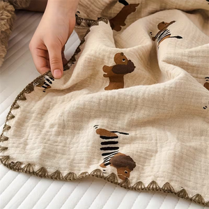Couverture en mousseline de gaze imprimée certifiée GOTS 100% coton <span class=keywords><strong>4</strong></span> couches avec bordure brodée 120*120cm/47.5*47.5 pouces - Product Image 5
