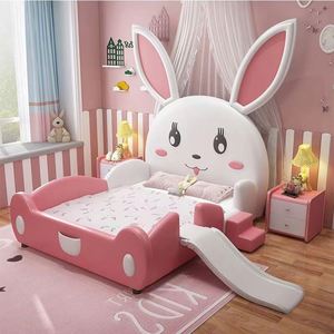 เตียงนอนเด็กหญิงรุ่น Princess Rabbit Slide ปี 2025 ดีไซน์หรูหรา โครงไม้เนื้อแข็ง หุ้มผ้าฝ้าย ลายน่ารักสไตล์การ์ตูน สำหรับห้องเด็กผู้หญิง - Product Image 5