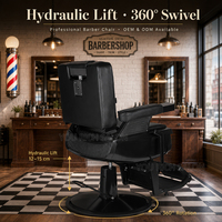 Nouveau fauteuil de barbier hydraulique entièrement noir avec repose-pieds rabattable et structure en acier robuste, couleur personnalisée pour salon de coiffure