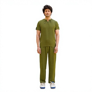 Ensemble de survêtement pour homme SHAGHAF SPORTS, vert olive, manches courtes, col en V, décontracté, taille élastique, couleur unie, coton léger, complet - Product Image 1