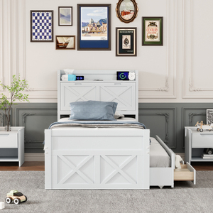 Twin Size Wooden <b>Bed</b> with <b>Storage</b> Headboard with Outlets Extendable <b>Bed</b> Trundle with Three <b>Storage</b> Drawers for Hotel Bedroom - Product Image 3