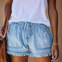 Kadın yüksek bel dantel Up kısa kot pantolon yaz moda seksi kot şort Casual elastik bel bağbozumu ince şort Streetwear