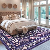 Tapis floral vintage grand format violet et bleu, résistant aux taches, facile d'entretien, lavable, antidérapant, pour salon, chambre d'enfant, décoration intérieure