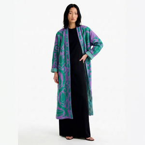 Elegante Chaqueta Larga de Terciopelo Bordado Morado con Diseño Floral Verde, Estilo Bohemio, Manga Larga, Ropa de Abrigo para Invierno - Product Image 1