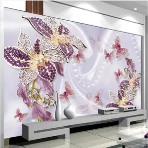 KOMNNI 3D Wall Mural Wallpaper Purple Jewelry Flower Luxury Murals para sala de estar Dormitorio Papel tapiz de fondo