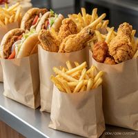 Sacs en papier kraft laminés à base conique, résistants à la graisse, avec pelliculage brillant pour produits de boulangerie, snacks, poulet frit - Personnalisables