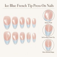 Y151 Kaixin Faux ongles à presser, bleu glace, French manucure, effet œil de chat, bleu intérieur, bord français, forme amande, finition brillante, Nail Art
