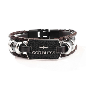 Pulsera Cruzada de Cuero Negro Trenzado con Amuleto de Plata Tibetana 'Dios te Bendiga', Joyería de Regalo - Product Image 5