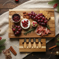Ensemble de planche à fromage en bois d'acacia avec tiroir coulissant - Grande planche à charcuterie avec 4 couteaux - Cadeau idéal pour un déménagement