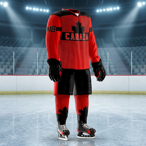 Tenue de Hockey sur Glace LONG MISSION INDUSTRY Canada Rouge Noir Autre Imprimé Homme Adulte Respirant 100% Polyester Vêtement d'Équipe - Product Image 1