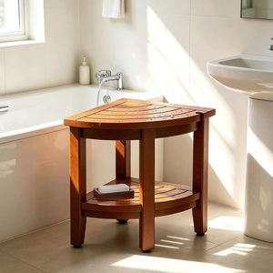 Tabouret de salle de bain en teck en forme d'éventail, siège de douche d'angle double couche en bois massif triangulaire pour personnes âgées, utilisation dans la baignoire - Product Image 1