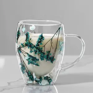 Tasse à thé en verre à double paroi transparente Offre Spéciale avec fleurs séchées tasses à café résistantes à la chaleur à haute teneur en borosilicate