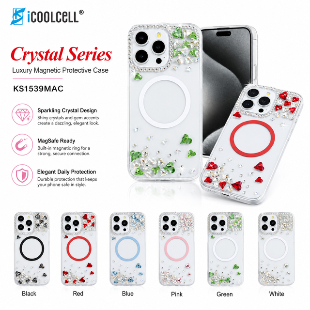 KINGSOUL Magnetic Wireless Charger TPU+PC+Glass Diamond Phone Case Glitter Bling Gemstones Snap-On Make *14/15/16/17 Pro Max