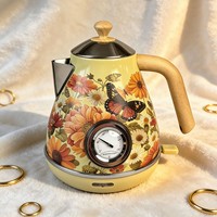 Ketel Listrik Mewah Lukisan Tangan 1.7L - Desain Bunga Vintage, Termometer Terintegrasi, Baja Tahan Karat 304, untuk Dekorasi Dapur