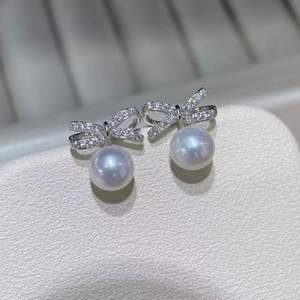 S925 Sterling <b>Silver</b> Bowknot Pearl <b>Drop</b> <b>Earrings</b>, 8-9mm Aurora Freshwater Pearl, Near Round, Almost Flawless factory wholesale - Product Image 3