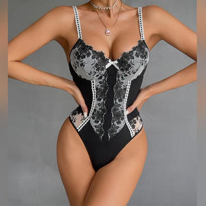 Hot Floral Embroidered Patchwork Elastic Suspender Bodysuit New Design Bow Jumpsuit With Fishnet <b>Stockings</b> - Product Image 1