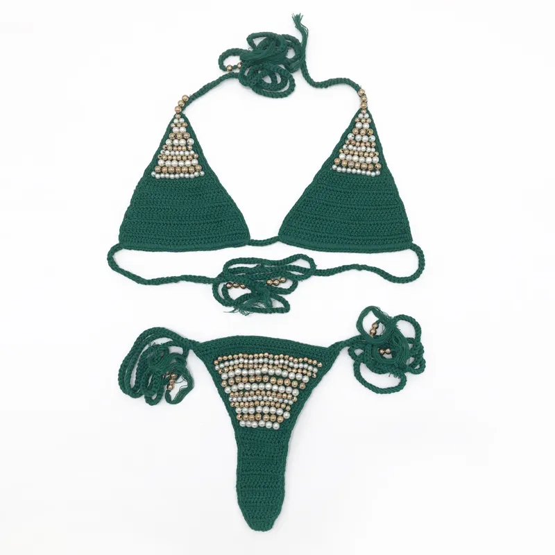 Зеленый вязаный крючком комплект бикини ручной работы с бусинами бикини айлиш топ купальники бикини для сексуальной девушки