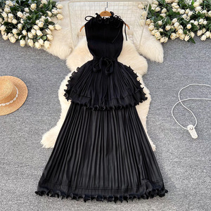 Robe midi plissée unie à volants pour femme, style Miyake vintage, taille naturelle, sans manches, vente en gros directe usine, été - Product Image 2