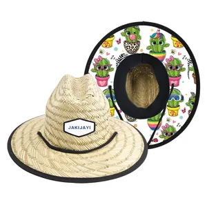 Yaz özel logo alt kumaş tasarım çocuklar bebek plaj hasır şapka doğal çim toddler bebek çocuk kız cankurtaran hasır şapka