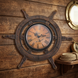 Horloge murale artisanale en bois de teck doré avec design d'ancre et roue de bateau électrique |   Vente en gros - Product Image 3
