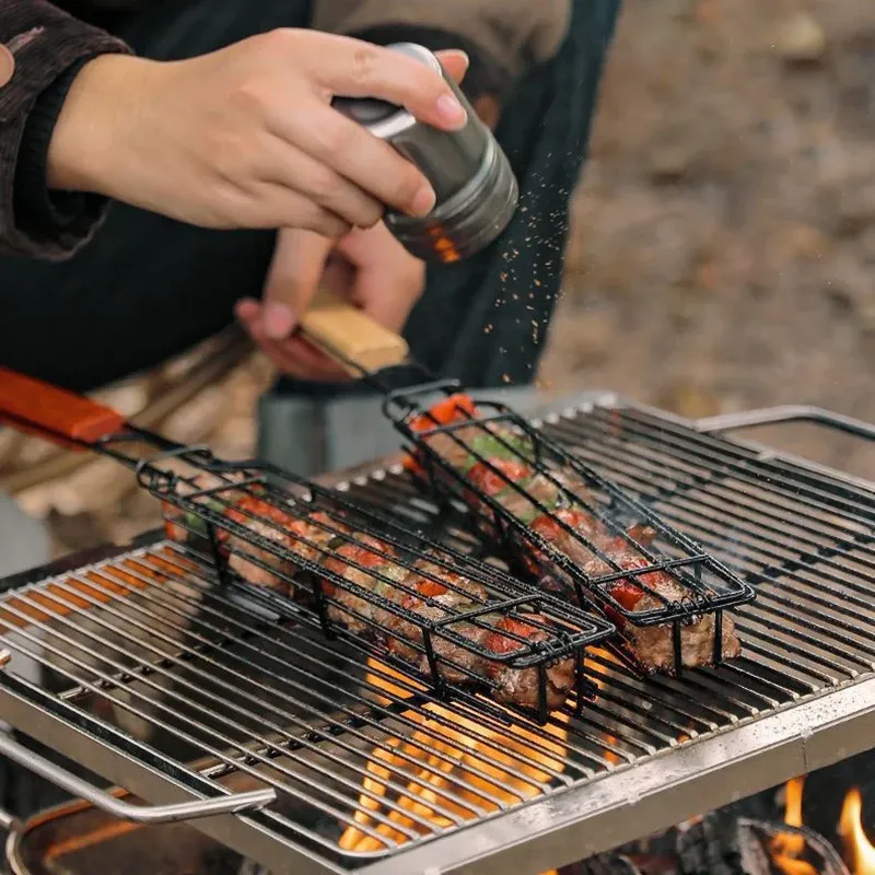 Panier Barbecue Acier Inoxydable 2 Pièces - Poignée Bois Amovible, Pour Légumes, Viande, Fruits De Mer, Cuisson Uniforme