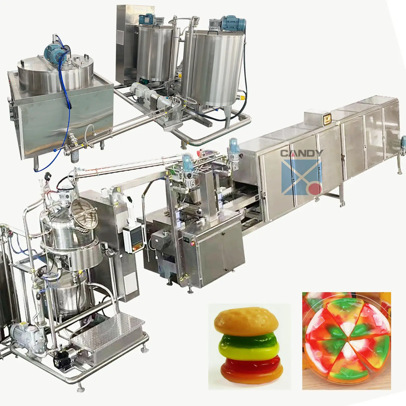 ماكينة إعداد الحلوى المطاطية والبرجر والبيتزا 150 كجم في الساعة، خط إنتاج الحلوى من طبقتين، ماكينات الحلوى للتصدير