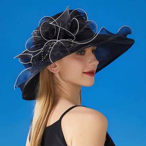 2026 MS Fancy Adult Elegant Wide Brim Church <b>Hats</b> Party Travel Outdoor Women's Flower Organza Ladies Beach Sun <b>Hat</b> - Product Image 2