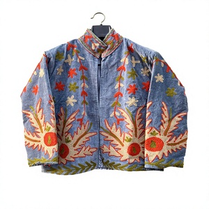 Traditional Suzani-inspired Floral Embroidery Hand Embroidered Knitted Cotton Velvet Varsity <b>Jacket</b> | <b>Short</b> Autumn Winter - Product Image 1