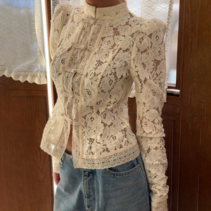 Camicette da donna a maniche lunghe traspiranti con colletto rialzato in pizzo da donna - Product Image 1