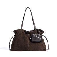 Tas Tote Kulit Suede Lapisan Atas Mewah untuk Wanita, Tas Selempang Minimalis Kapasitas Besar dengan Kantong Mini, Tas Tangan Kulit Suede