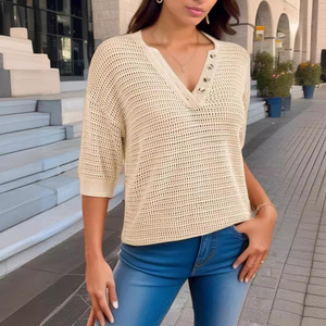 Pull en maille ajourée col en V pour femme, collection Printemps-Été 2025, manches courtes, style décontracté, noir, blanc, abricot, gris, tailles S, M, L, XL, XXL - Product Image 4