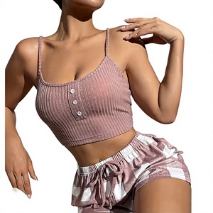 Women's 2-Piece Pink Striped Knitted Lounge Set V-neck Sleeveless Crop Top Shorts Elastic Waist Breathable Casual Spring Summer - Product Image 5