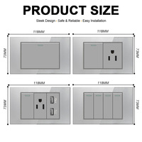 Prise murale combinée pour ordinateur et interrupteur d'éclairage en verre trempé gris, norme américaine 118*73mm, 10A, 2 prises USB-C