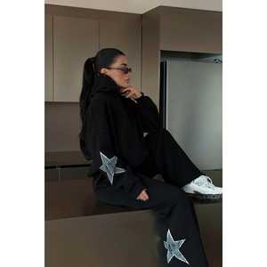 Ensemble de survêtement à capuche Black Stars, confortable, coupe-vent, respirant, personnalisé, décontracté pour l'hiver, grande taille, logo imprimé en strass - Product Image 3