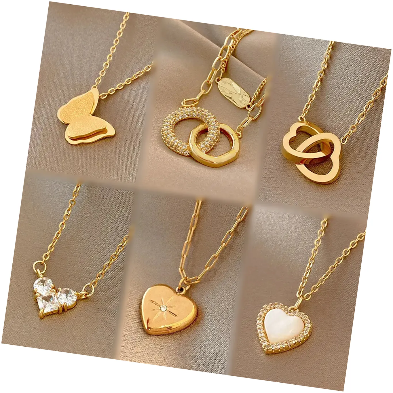 Korean Fashion Gold Stainless steel Zircon Heart Butterfly Pendant Necklace Women Shiny Cz Star Moon Pendant Necklace