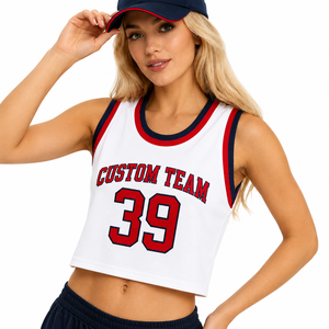 Débardeur de basketball court pour femme, sans manches, en maille, avec bordure rayée, pour les jours de match, personnalisable avec numéro d'équipe - Product Image 1
