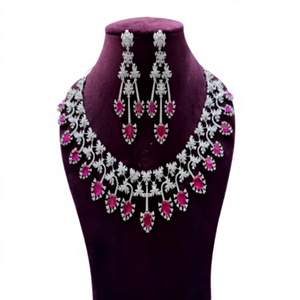 Exclusive Silver Plated Necklace and Earring <b>Set</b> with Pink <b>Crystal</b> Rhinestones Flower Design Women's Wedding Jewelry - Product Image 2