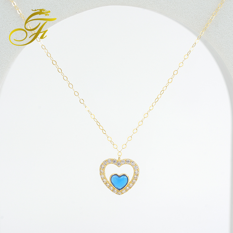 Factory Wholesale 18K Gold AU750 Hollowed Out Blue Heart Necklace