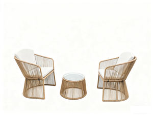 Ensemble de salon moderne en rotin durable avec deux places, coussins blancs et table d'appoint en verre – Idéal pour patio et jardin - Product Image 1