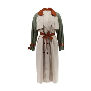 Women's Color Block Trench Coat - Versatile Long Sleeve Overcoat with Belt - Stylish and Comfortable
