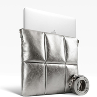 Pochette en cuir argentée rembourrée pour ordinateur portable 15 16 pouces avec sangle à bandoulière compatible avec ordinateur
