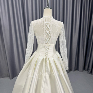 Lscm115 Elegante Vestido de Novia Dos en Uno con Corsé de Satén y Mangas de Encaje Color Marfil, Falda Sirena y Sobrefalda Desmontable en Línea A, Jancember - Product Image 3