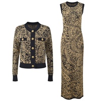 OUDINA Nouvelle Arrivée Ensemble Robe Longue en Tricot Texturé Imprimé Élégant et Cardigan Sans Manches pour Femme