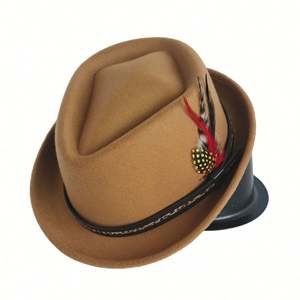 Chapeau Pork Pie Rétro pour Homme Britannique Automne-Hiver, Style Fedora Jazz avec Plume, Idéal pour Tenue Décontractée - Product Image 2